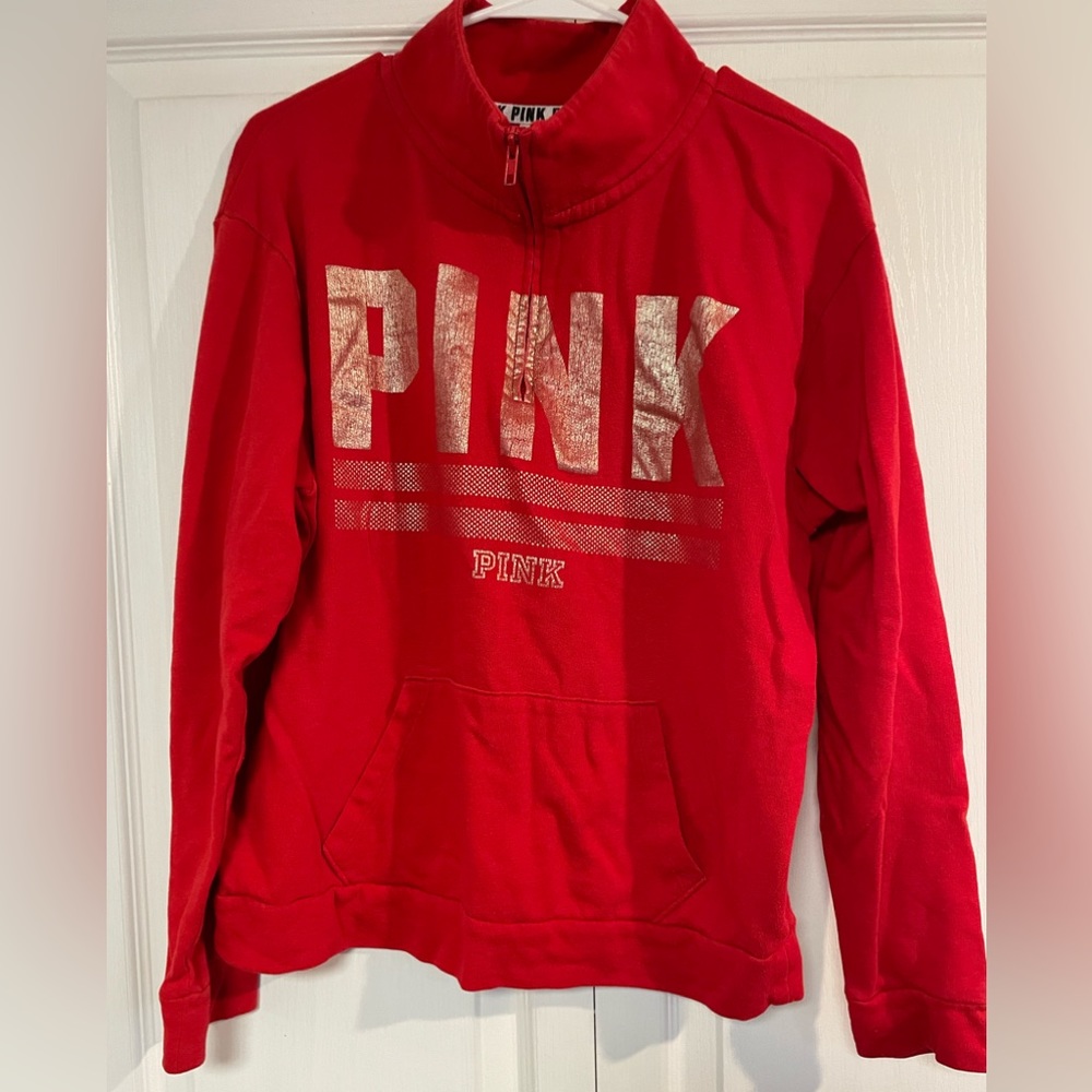 Pink Red Zip Sweater with Gold Detailing Womens Size Small